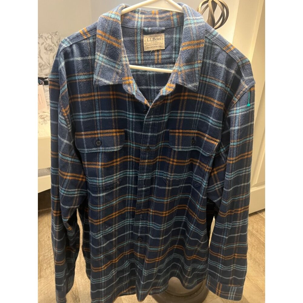 LL Bean Shirt Mens XL Blue Plaid Cloth Button Up Heavy Outdoor